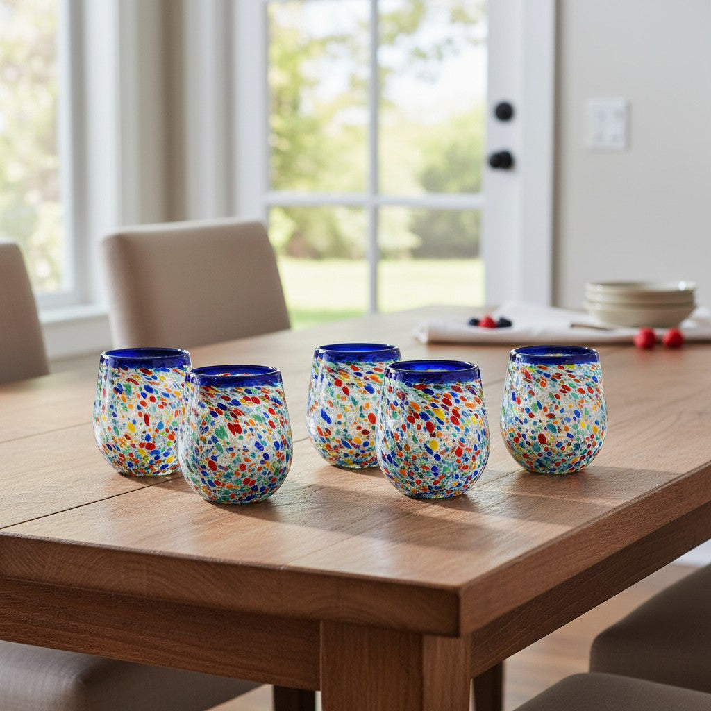 Blue Rim Confetti Wine Glass | Hand-Blown Mexican Stemless Cup