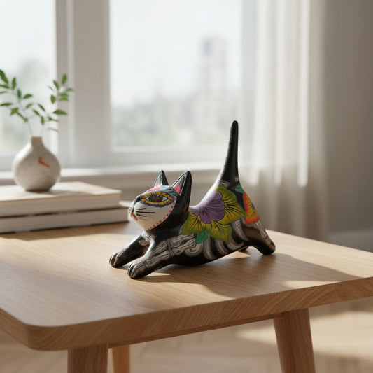 Hand-Painted Talavera Stretching Cat Statue | Day of the Dead Mexican Decor