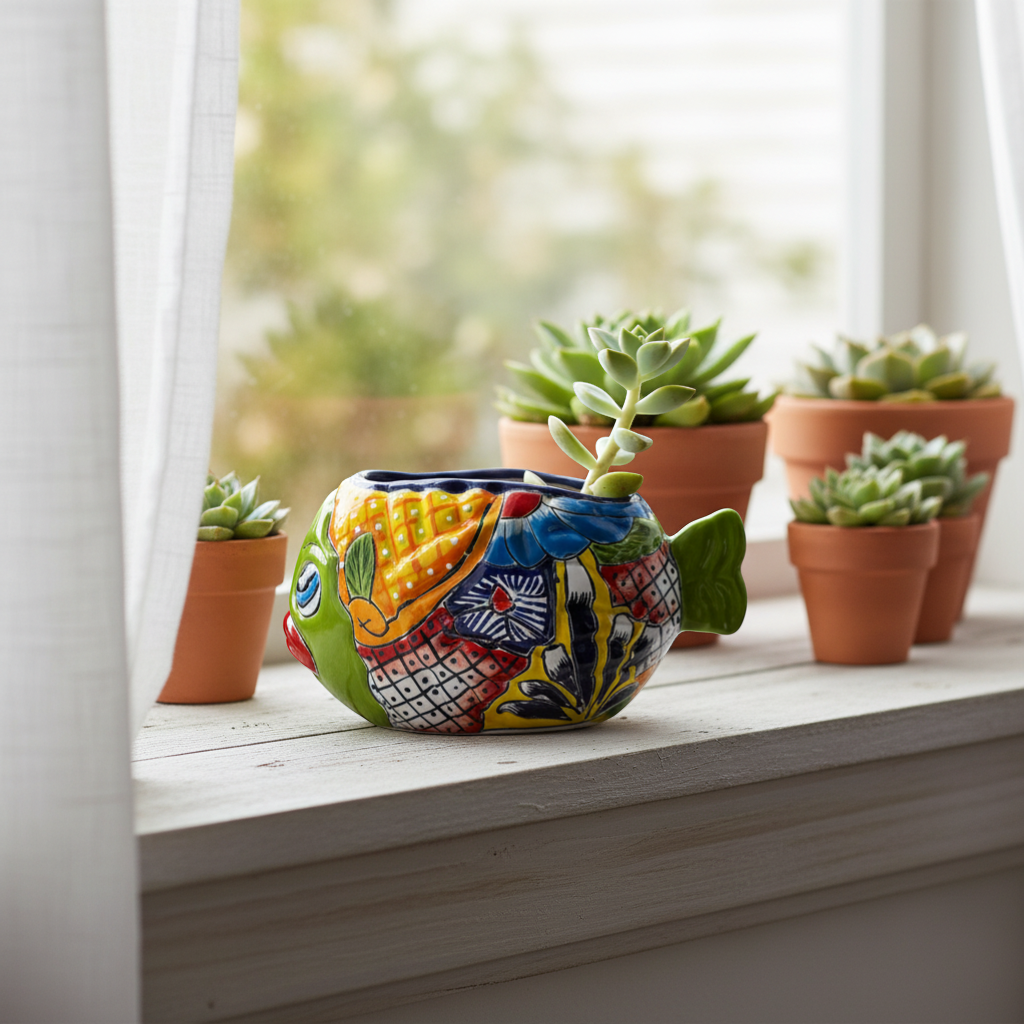 Small Talavera Fish Planter | Colorful Hand-Painted Mexican Statue Pottery