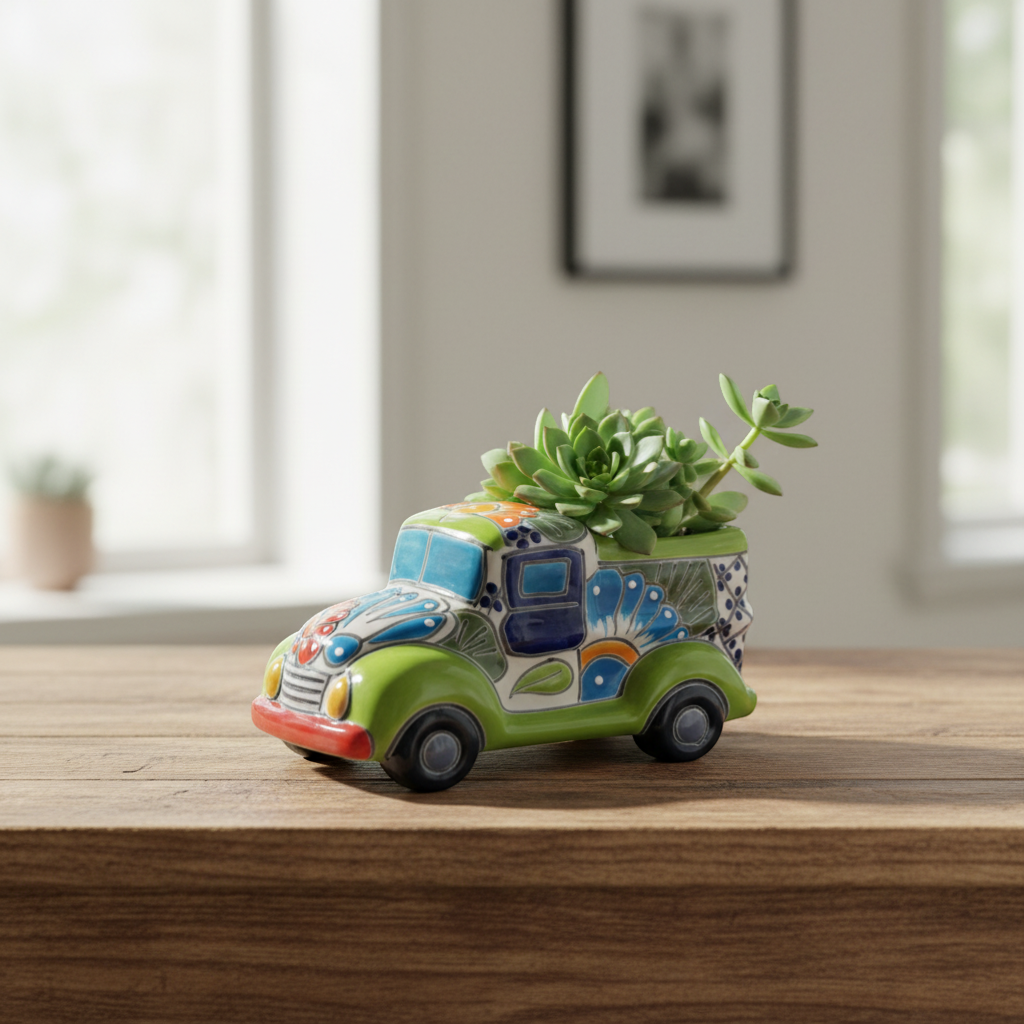 Hand-Painted Talavera Car Planter | Colorful Ceramic Car Statue (Small)