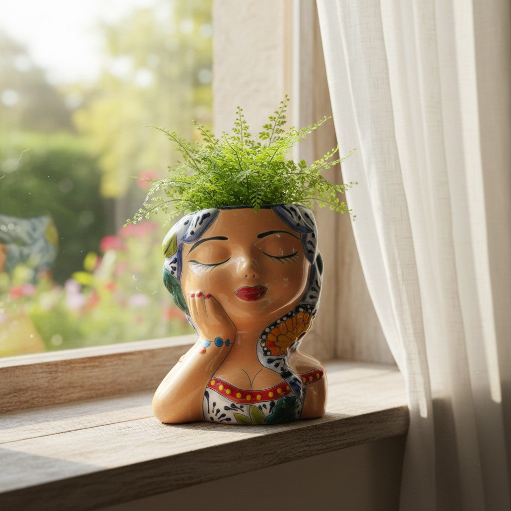 Hand-Painted Talavera Ceramic Lady Planter | Mexican Artwork Décor