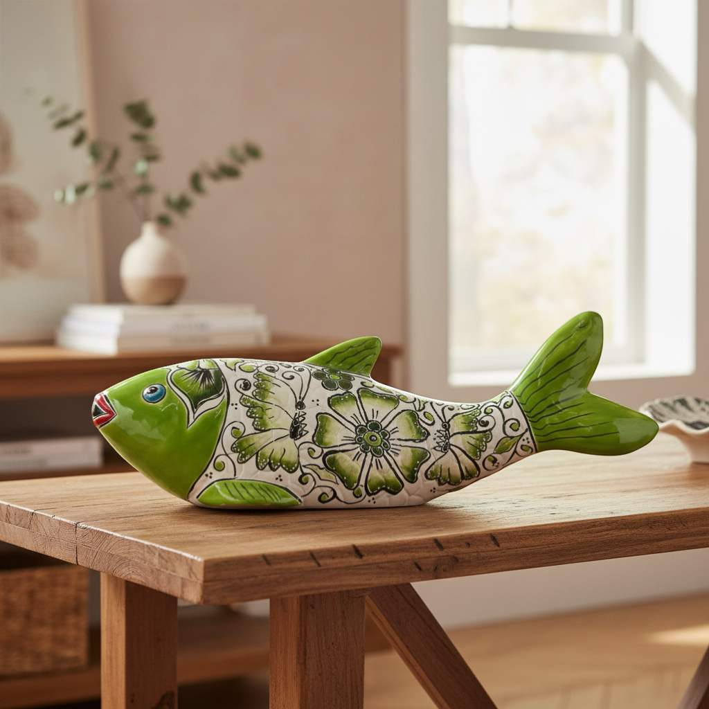 Handmade Talavera Fish Statue | Large Colorful Cultural Art