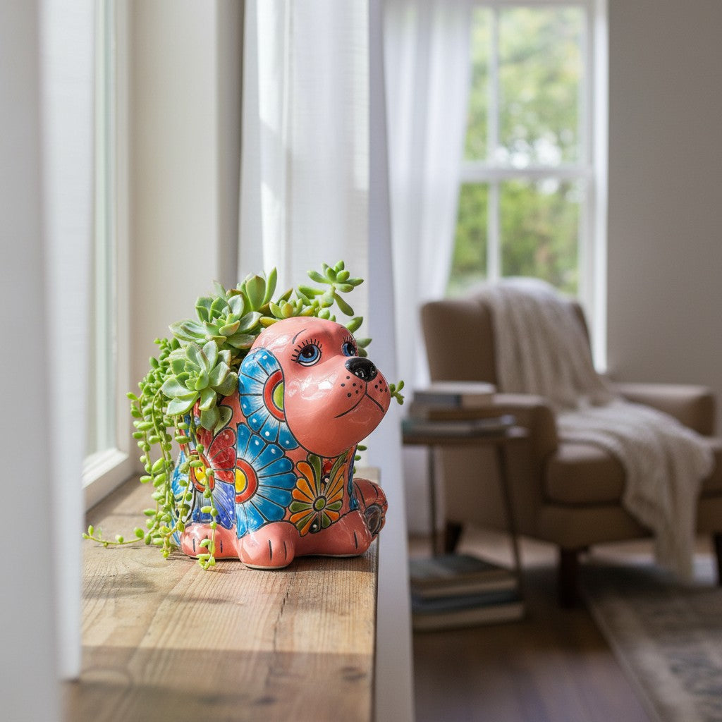 Vibrant Handmade Talavera Dog Statue | Colorful Mexican Canine Art (Medium)