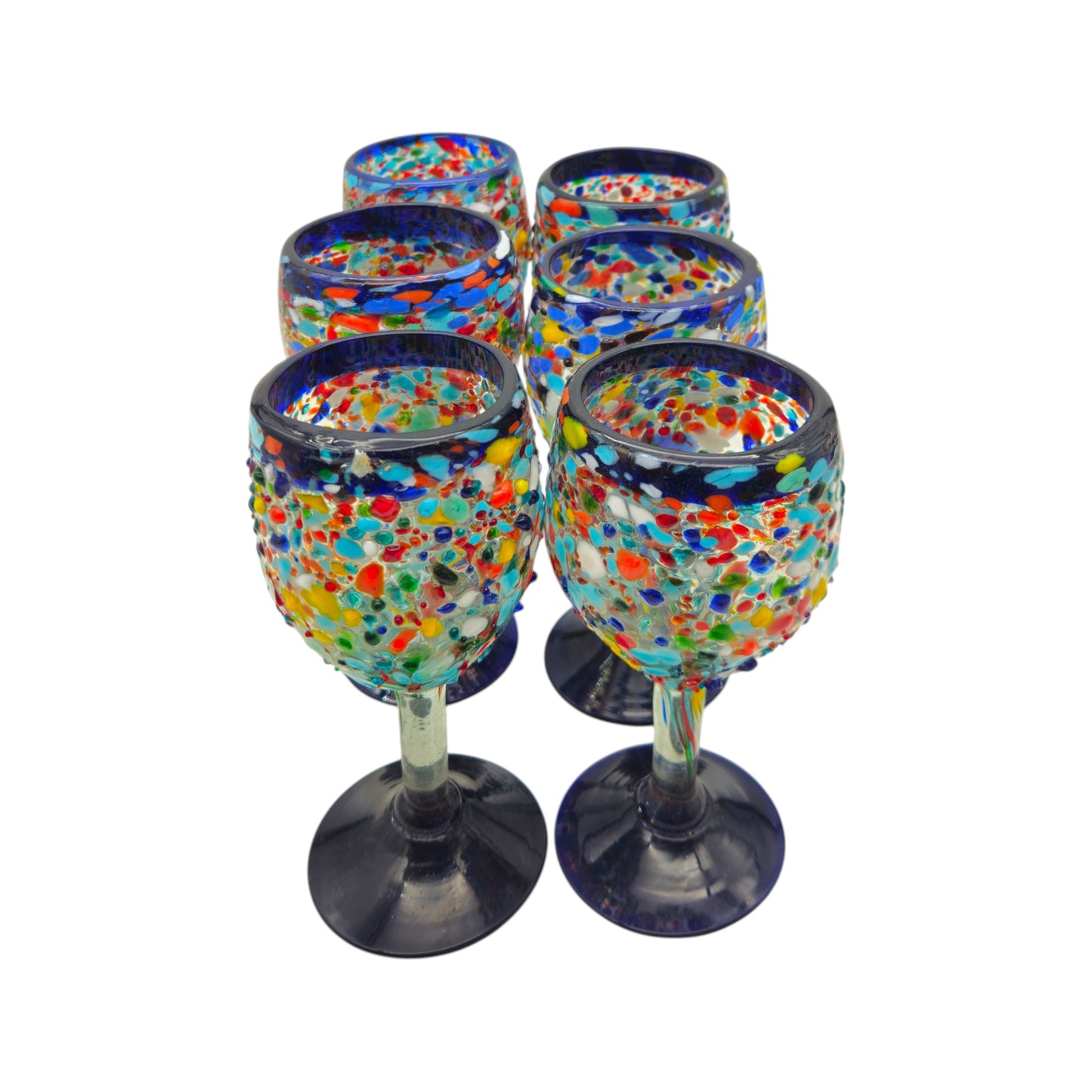 Hand Blown Mexican Wine Glasses | Blue Rim Confetti Design