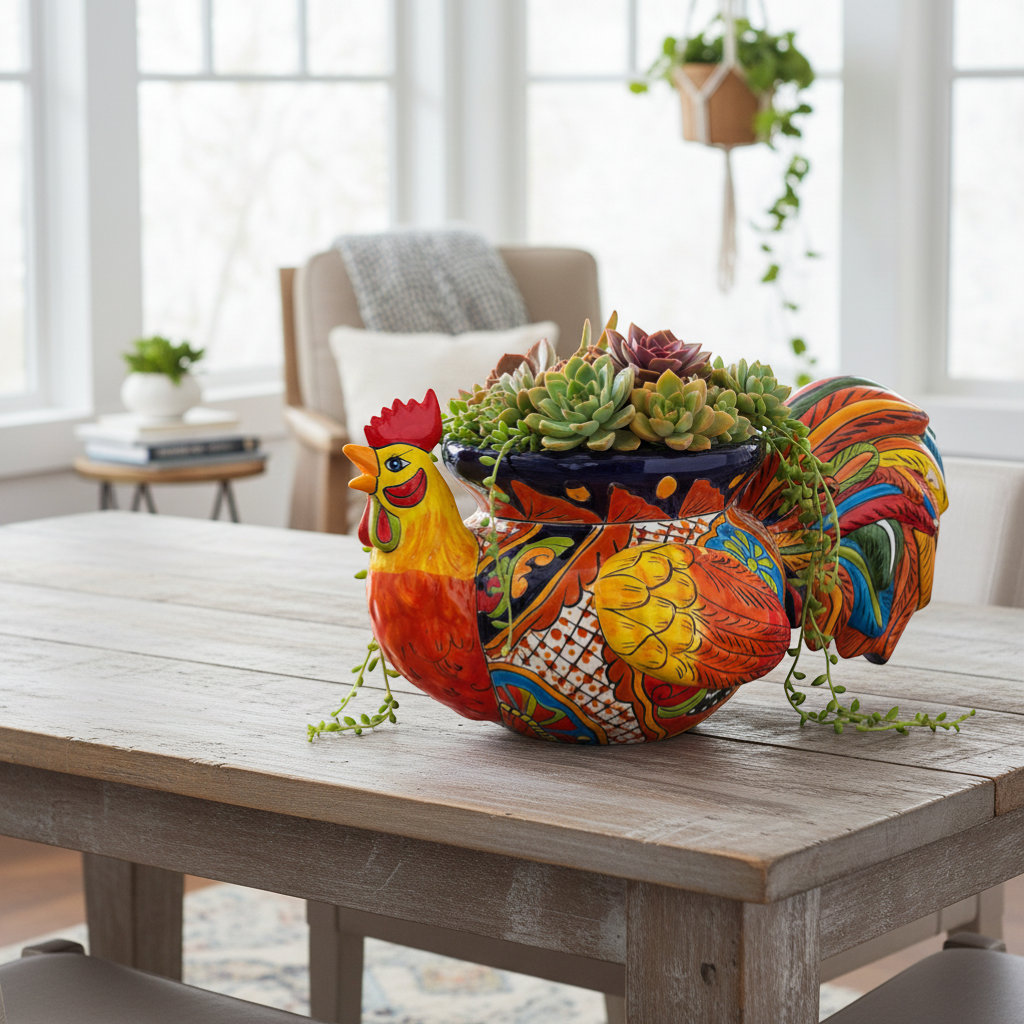 Talavera Rooster Planter | Handcrafted Colorful Mexican Ceramic Pot