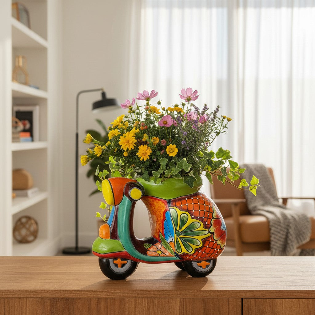 Colorful Talavera Scooter Planter | Hand-Painted Ceramic Scooter Statue (Large)