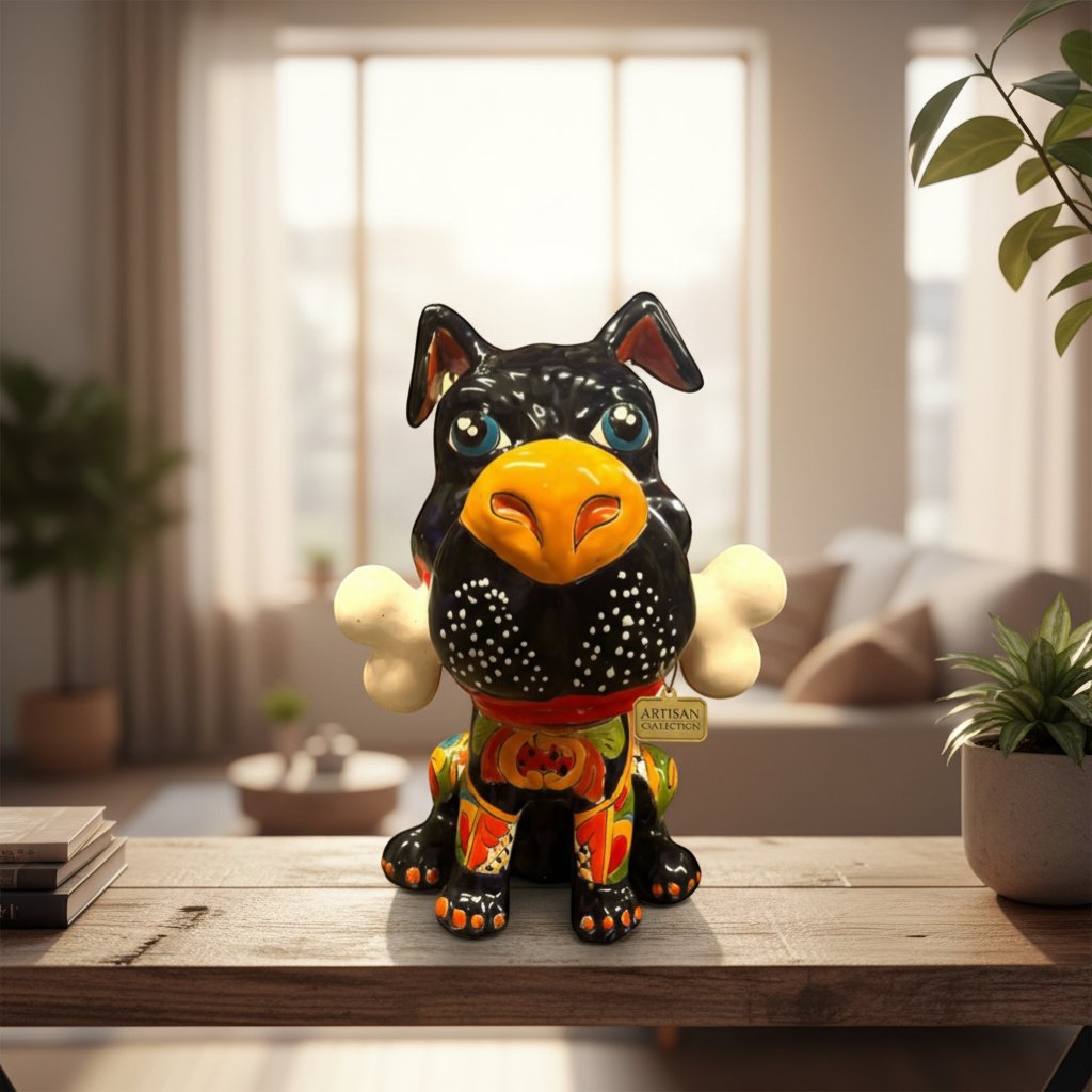 Talavera Dog with Bone | Handpainted Ceramic Canine Decor (Extra Large)