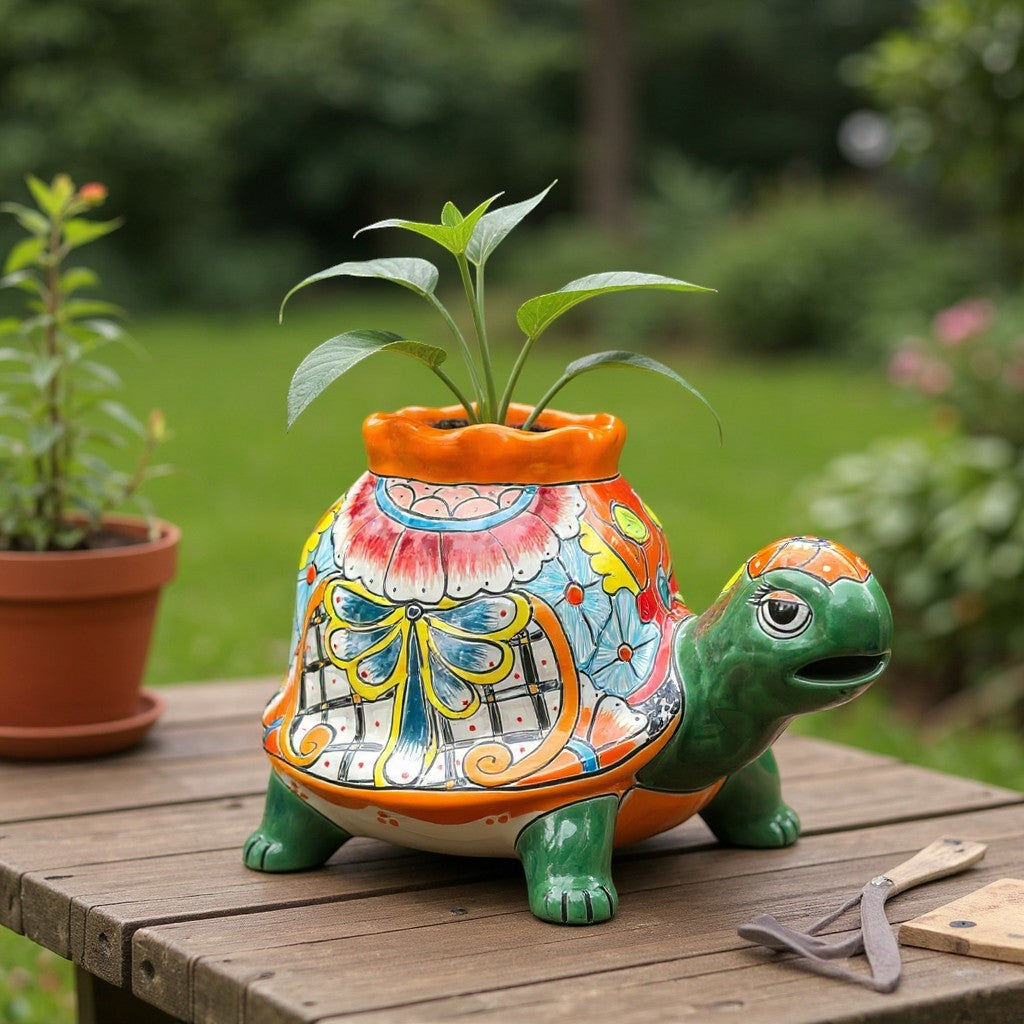Vibrant Talavera Turtle Planter | Colorful Hand-Painted Mexican Pottery (Medium)