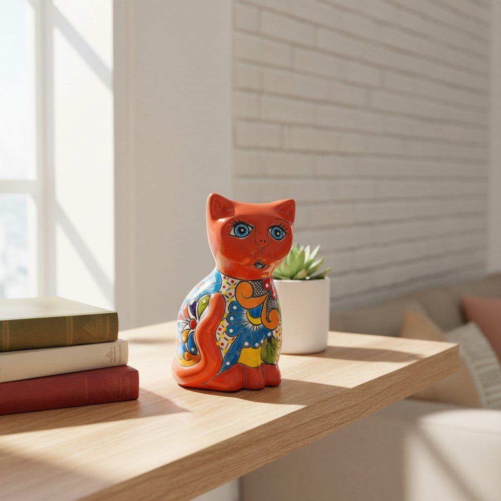 Hand-Painted Talavera Cat Statue | Medium Mexican Folk Art