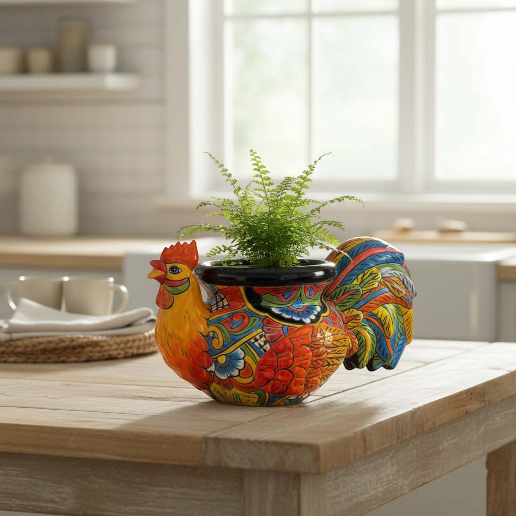 Talavera Rooster Planter | Handcrafted Colorful Mexican Ceramic Pot