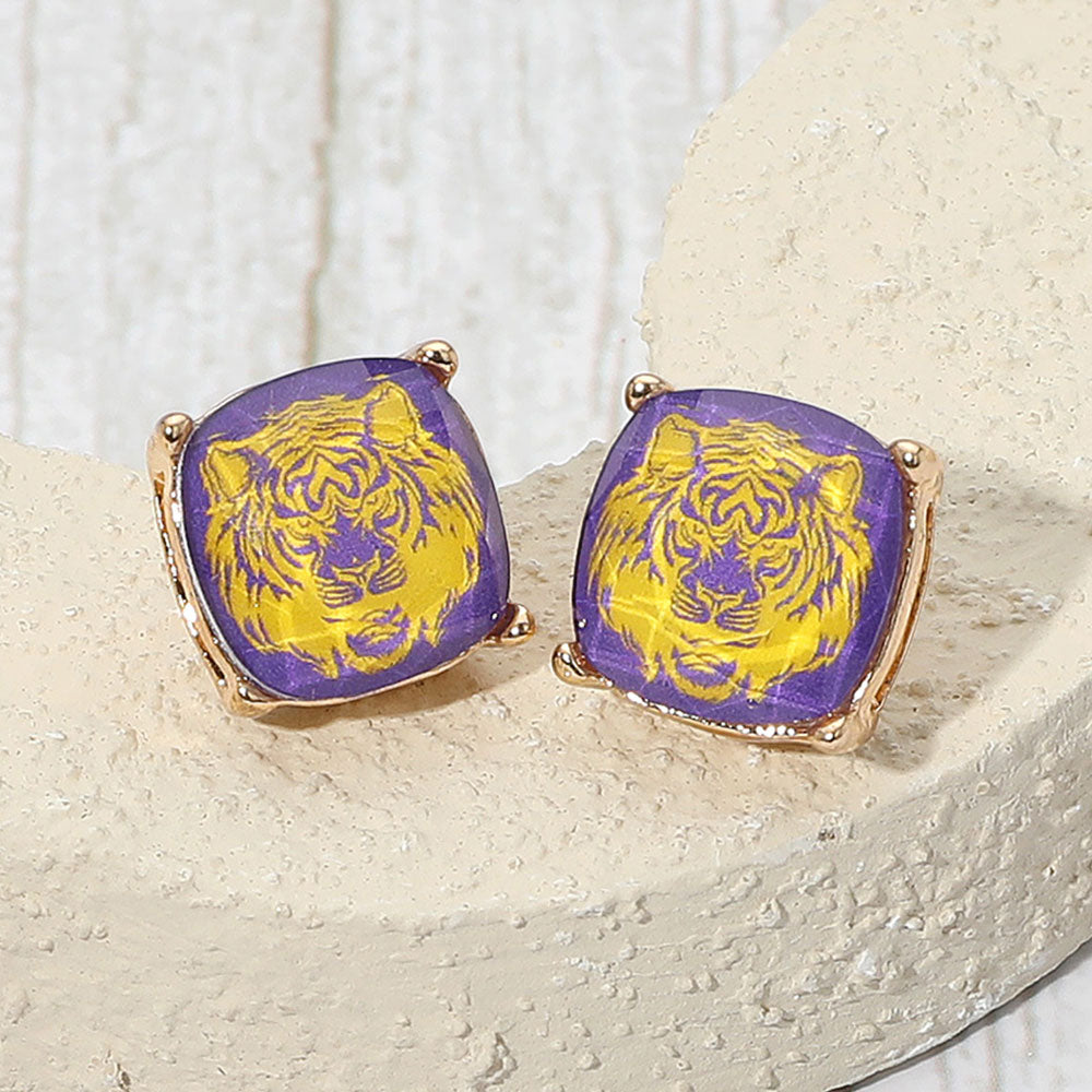Tiger Face Printed Game Day Cushion Square Stud Earrings