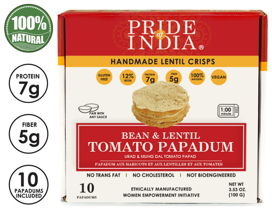 Bean & Lentil Tomato Papadum Crisps by Pride of India in retail box, handmade vegan urad and mung dal crisps with tomato flavor, gluten-free, high protein, 10-count package.