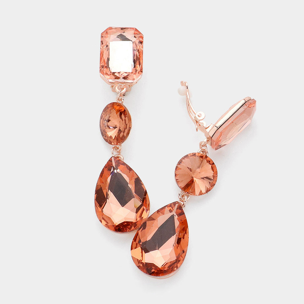 Triple Glass Crystal Drop Clip On Earrings