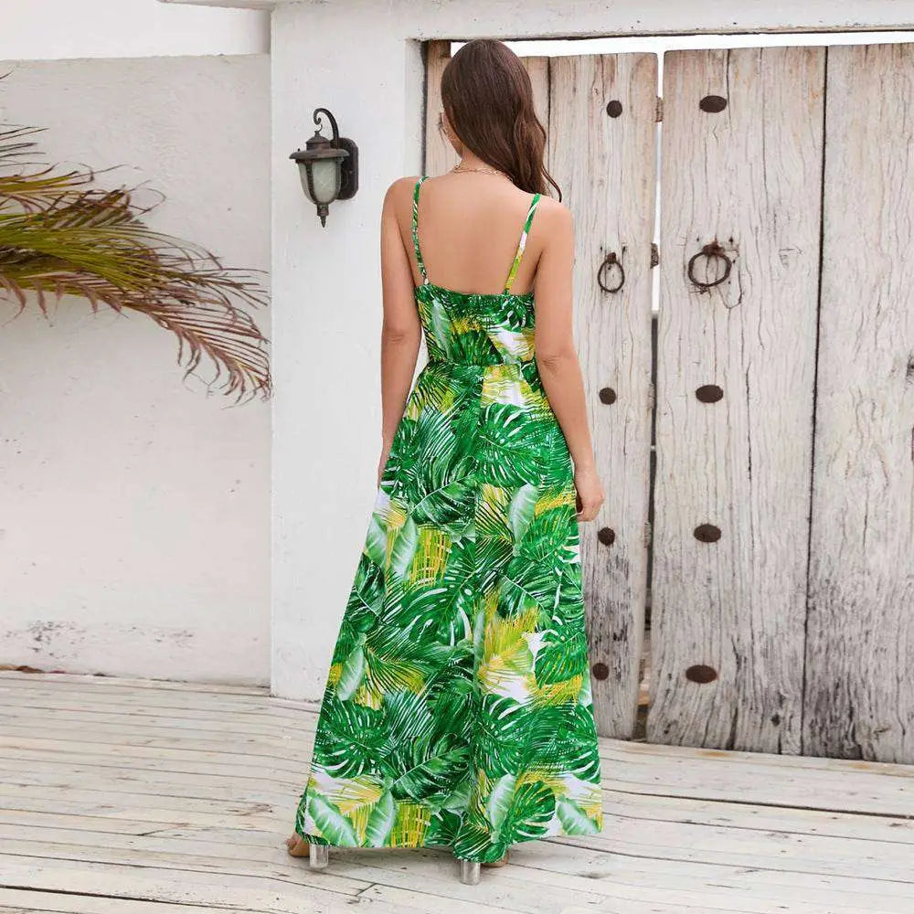 Tropical Leaf Long Dress Summer Swing
