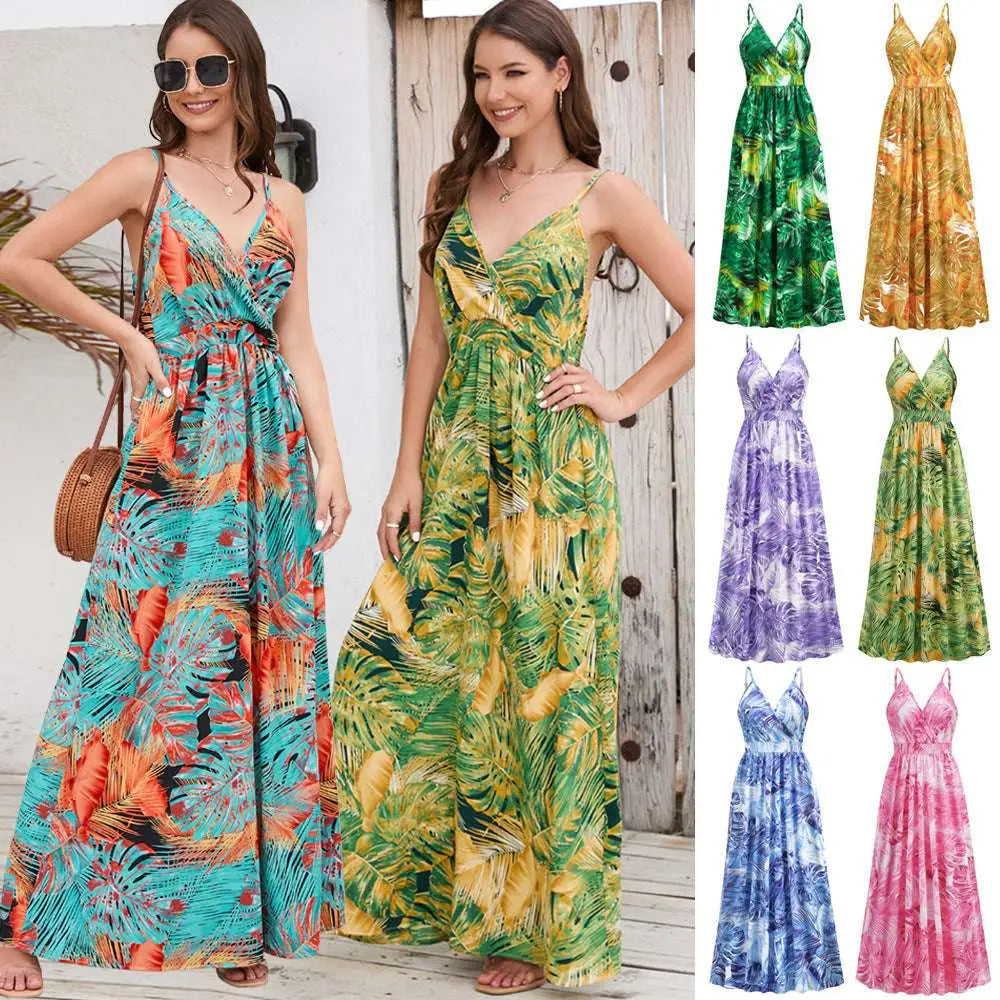 Tropical Leaf Long Dress Summer Swing