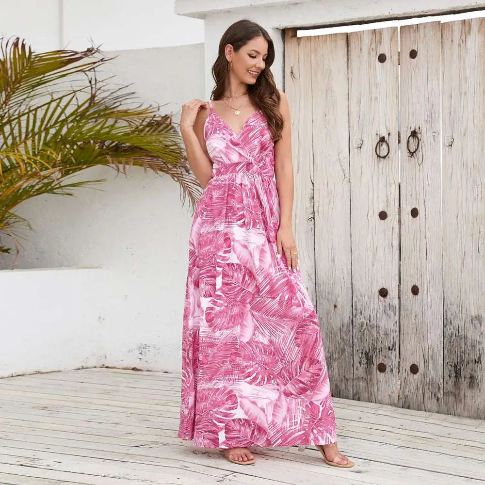 Tropical Leaf Long Dress Summer Swing