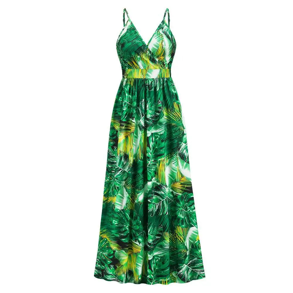 Tropical Leaf Long Dress Summer Swing