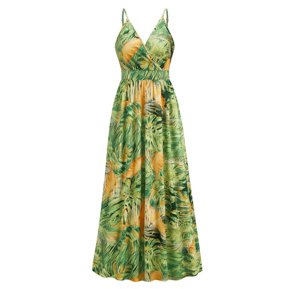 Tropical Leaf Long Dress Summer Swing