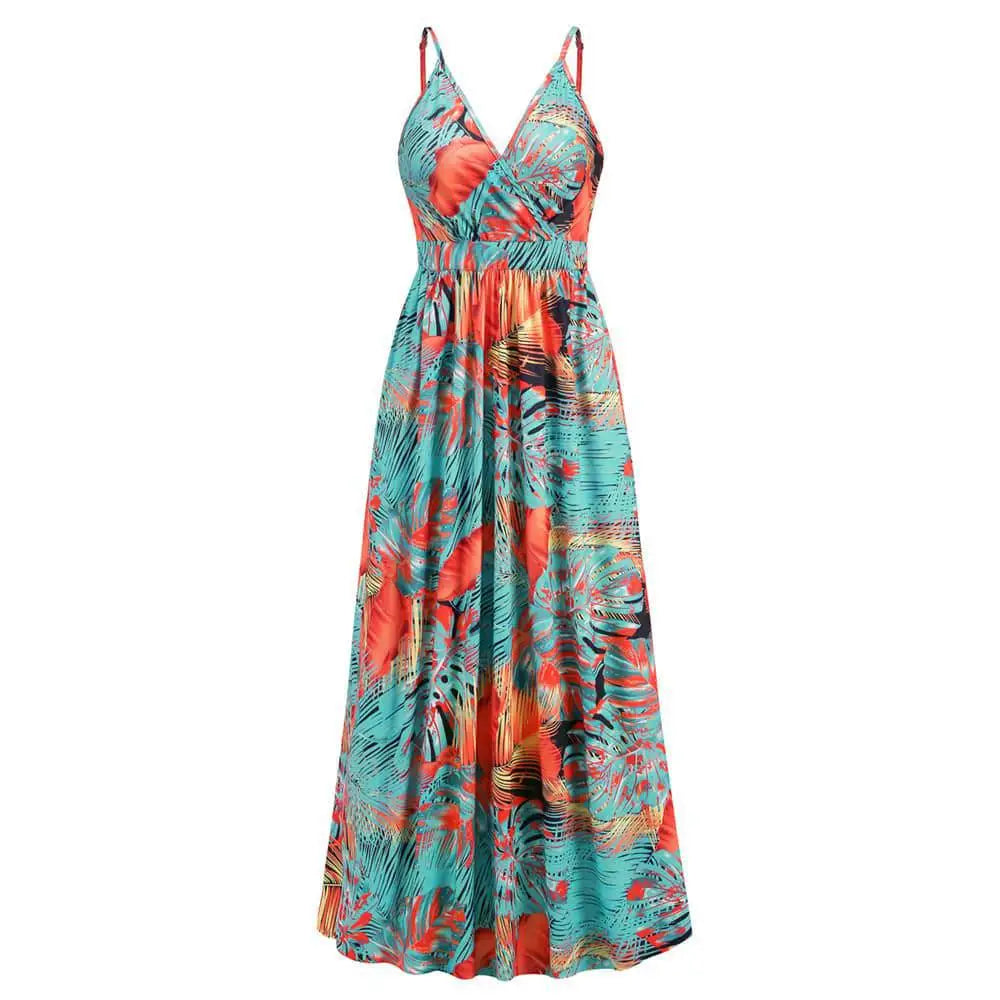 Tropical Leaf Long Dress Summer Swing
