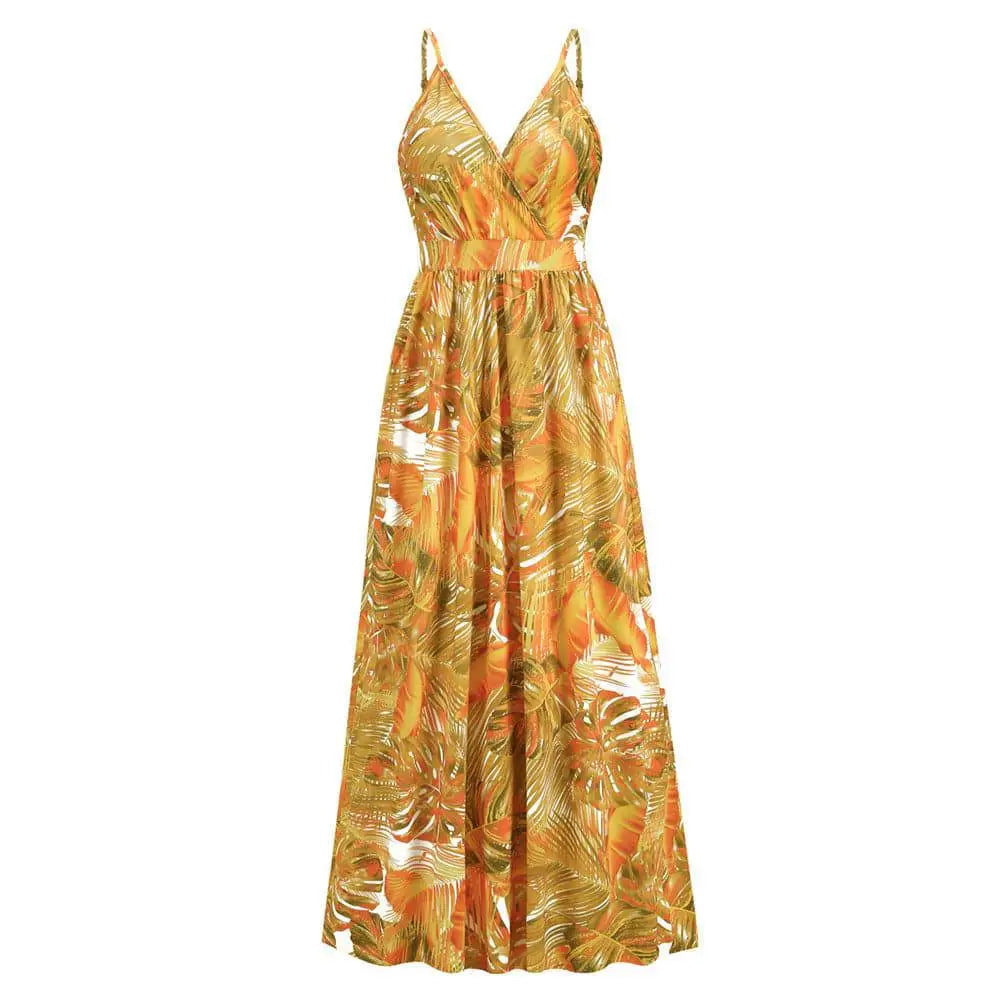 Tropical Leaf Long Dress Summer Swing