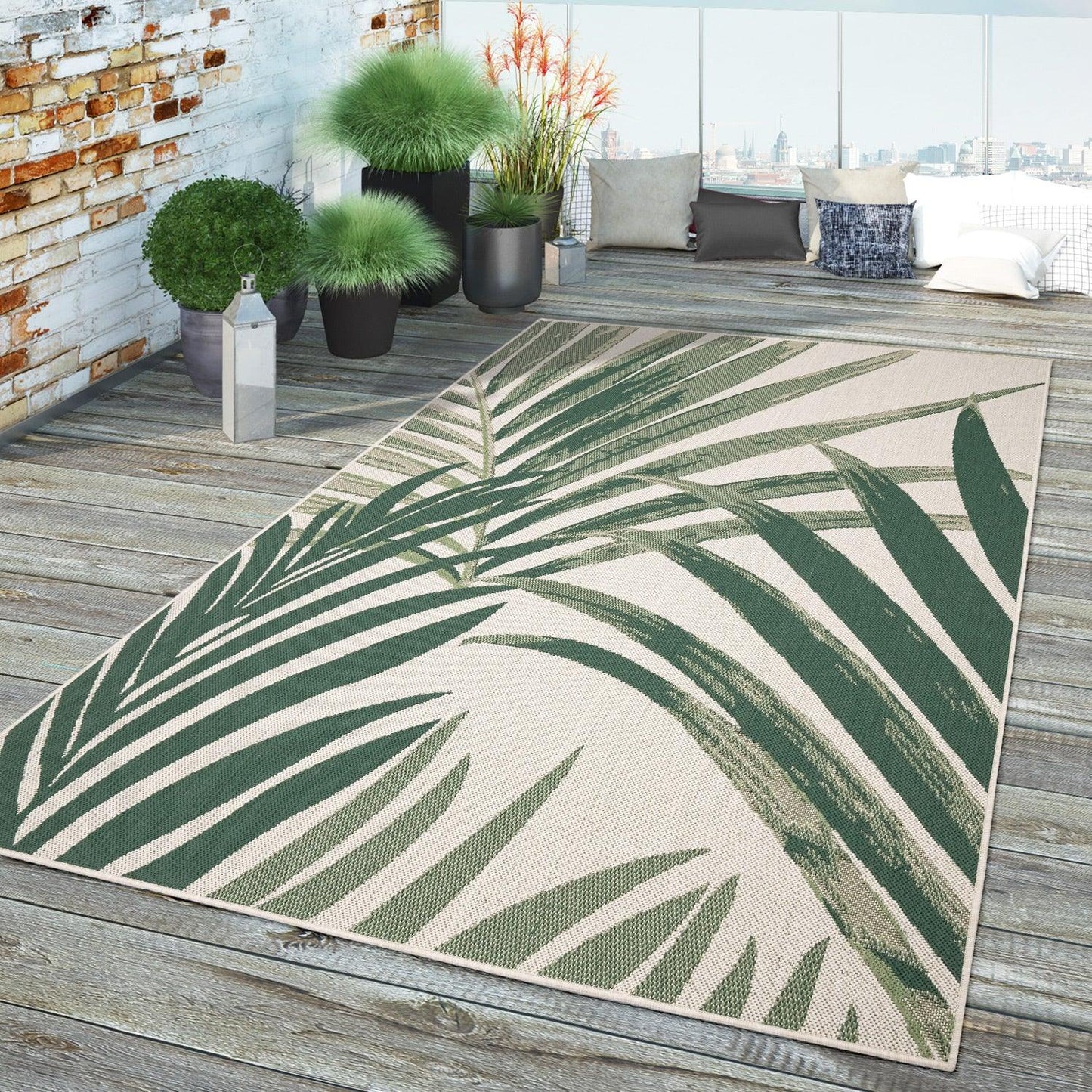 Tropical Outdoor Rug Ostende Palm Trees - Green Beige-1