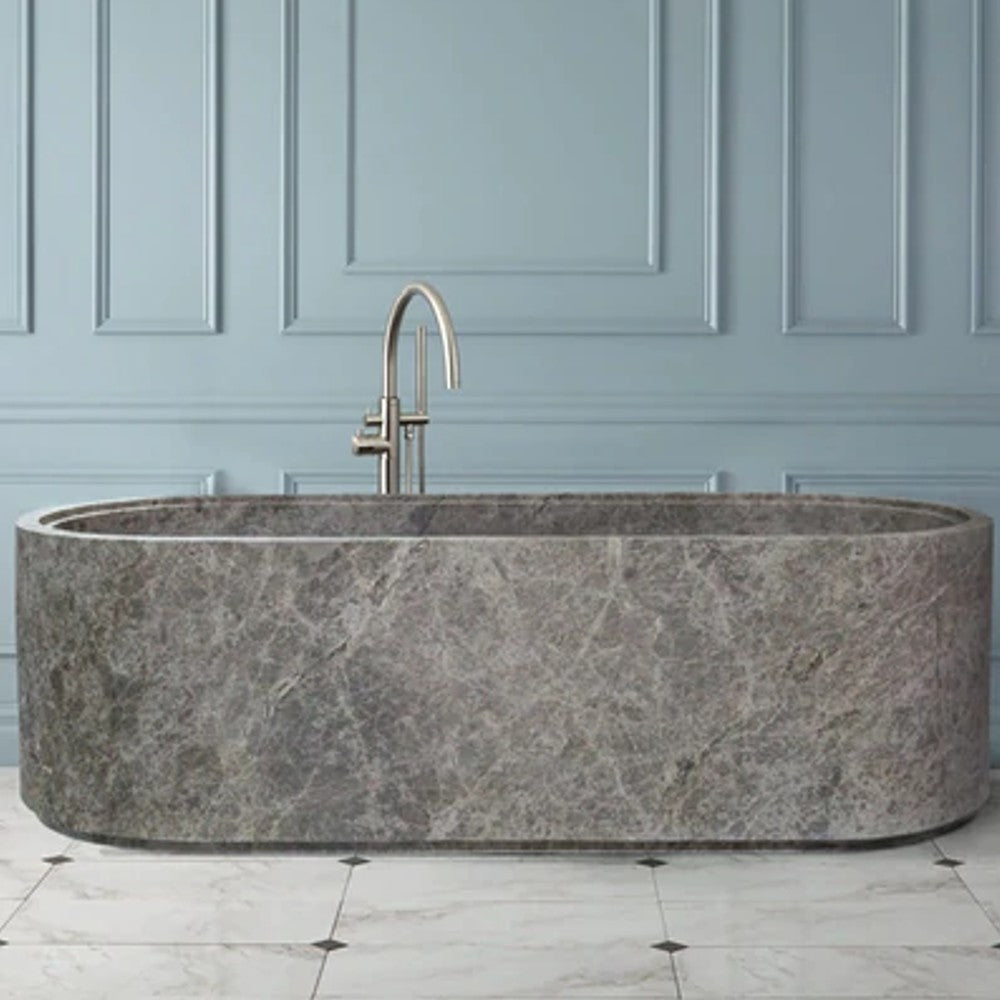 Tundra Gray Marble Freestanding Bathtub - Hand-Carved Matte Finish