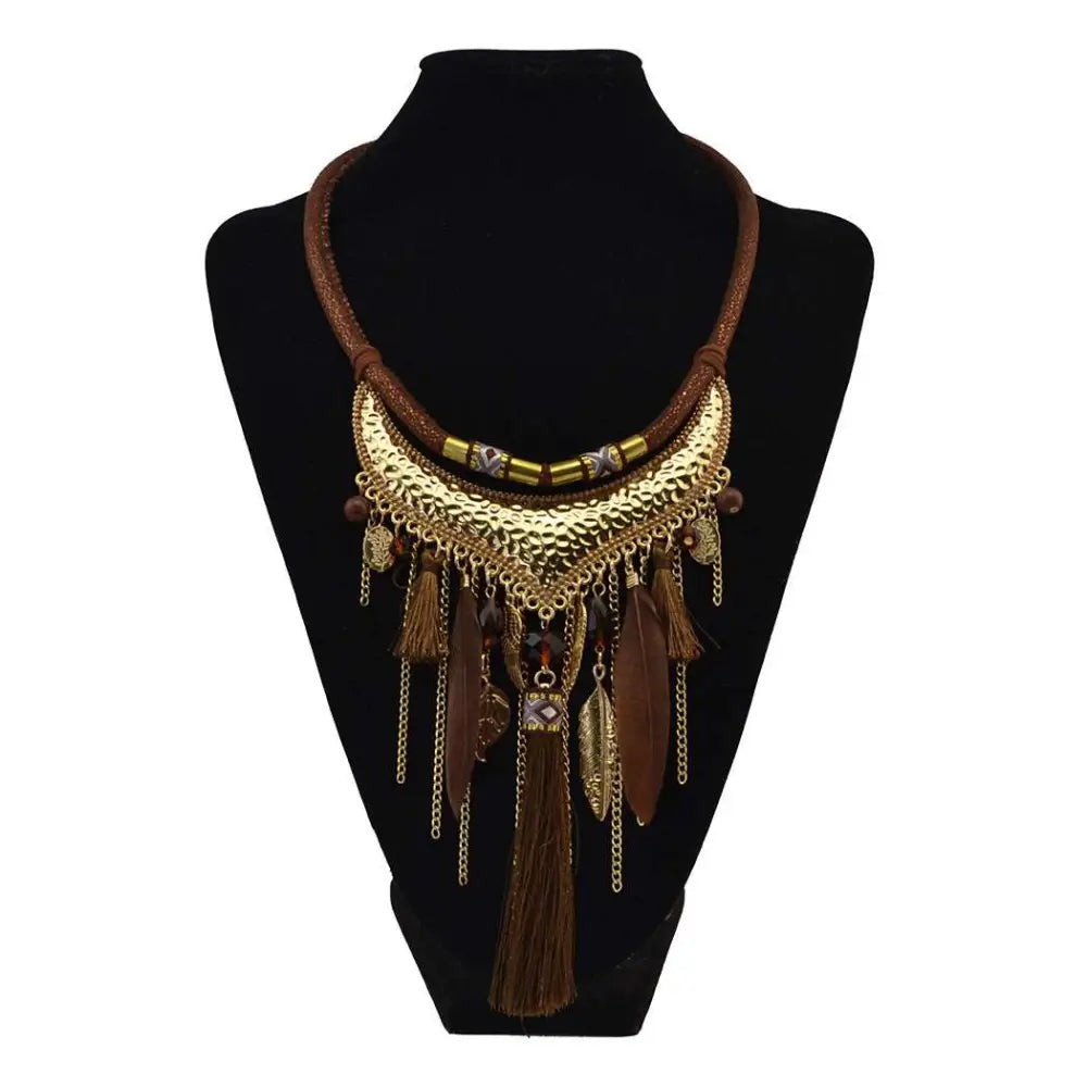 Turquoise Gold Feather Leaf Tassel Necklace