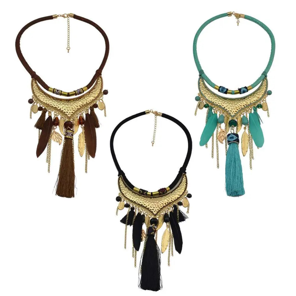 Turquoise Gold Feather Leaf Tassel Necklace