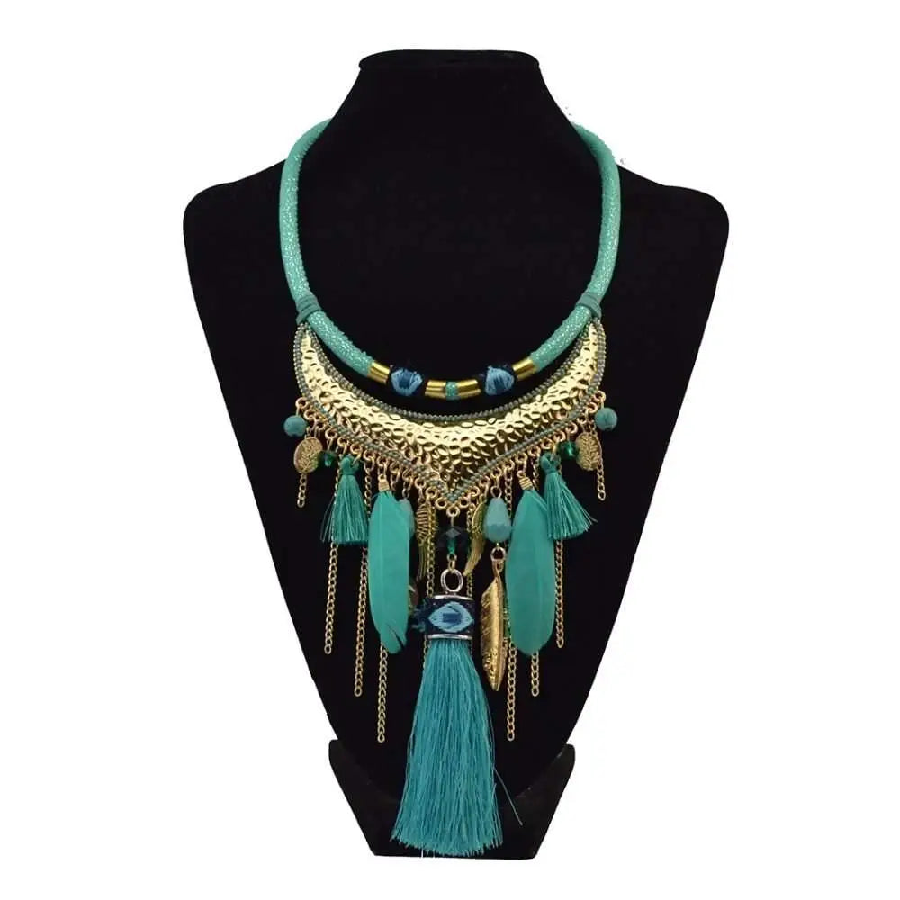 Turquoise Gold Feather Leaf Tassel Necklace