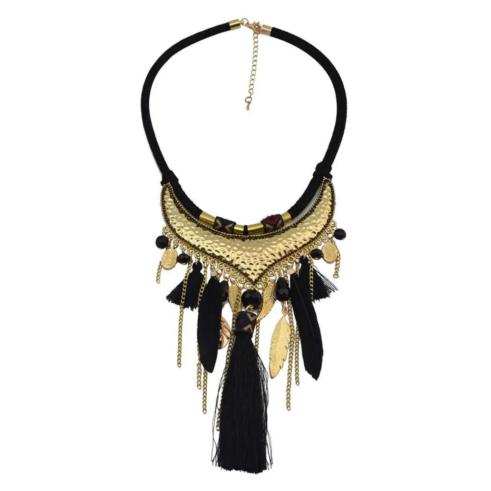 Turquoise Gold Feather Leaf Tassel Necklace