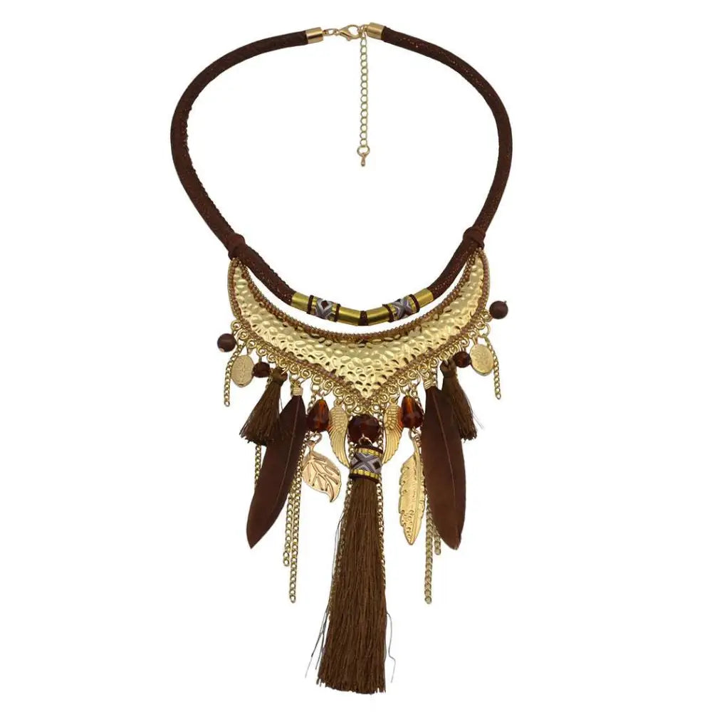Turquoise Gold Feather Leaf Tassel Necklace
