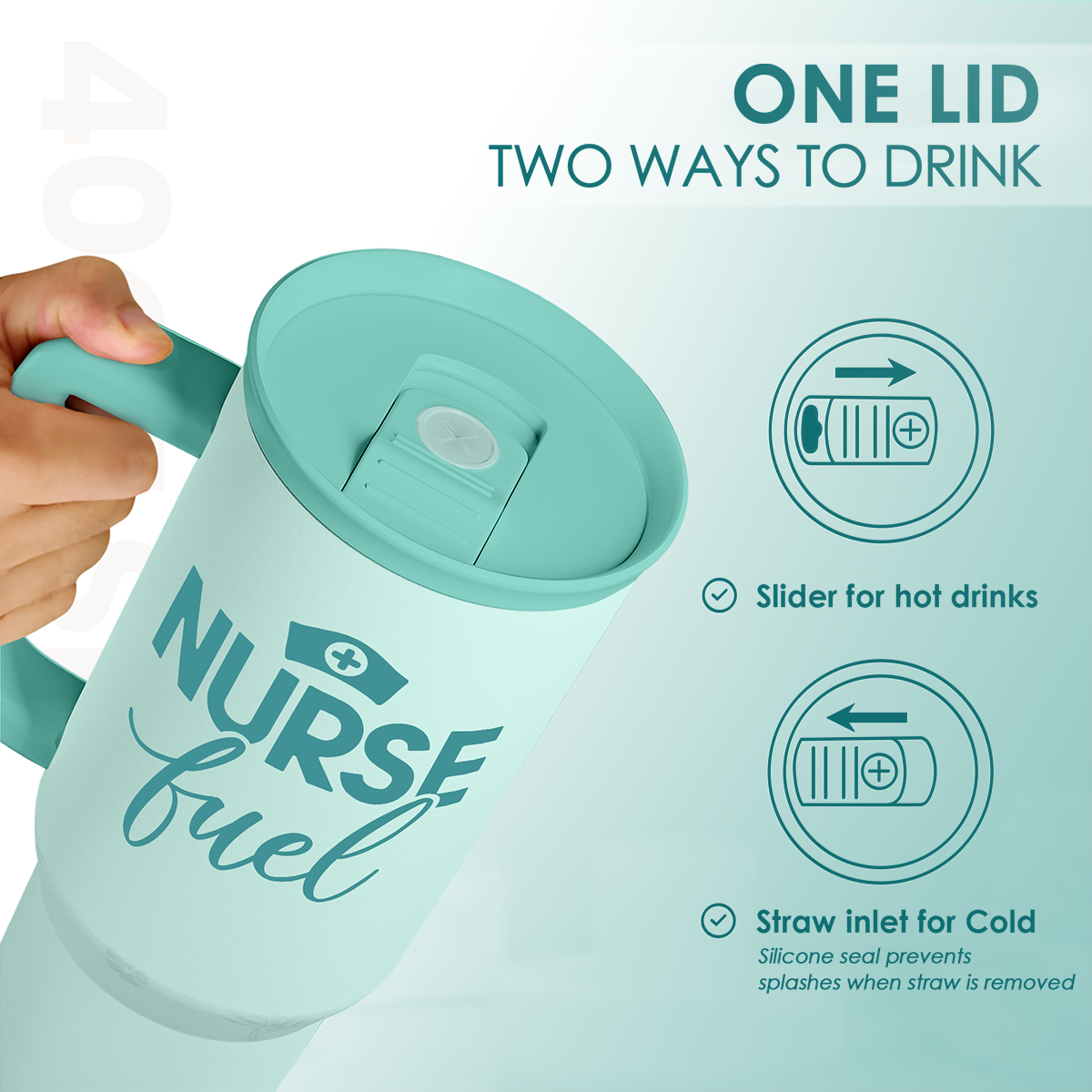 Turquoise mug with 'Nurse Fuel' text and dual drinking options on a light blue background