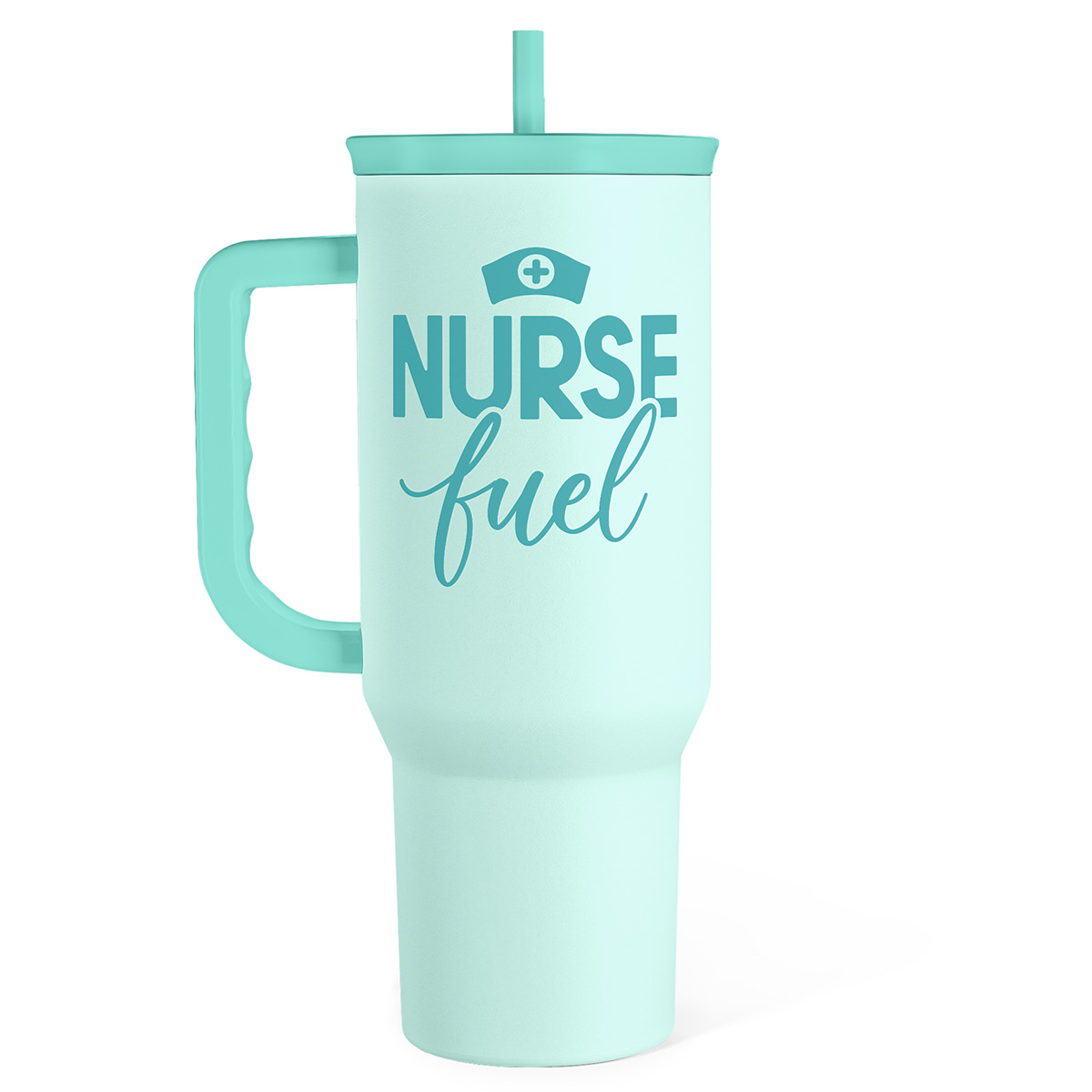 Mint green tumbler with 'Nurse Fuel' text on a white background