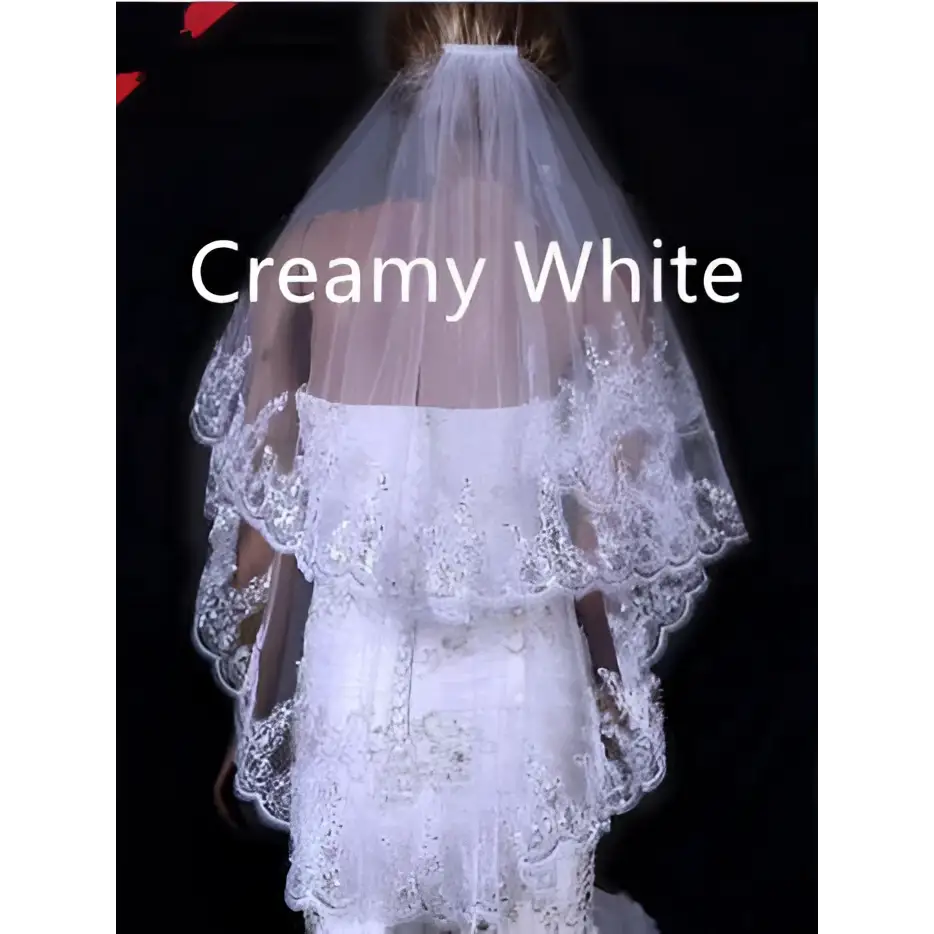 Two Layer Bridal Sequined Polyester Veil with Lace
