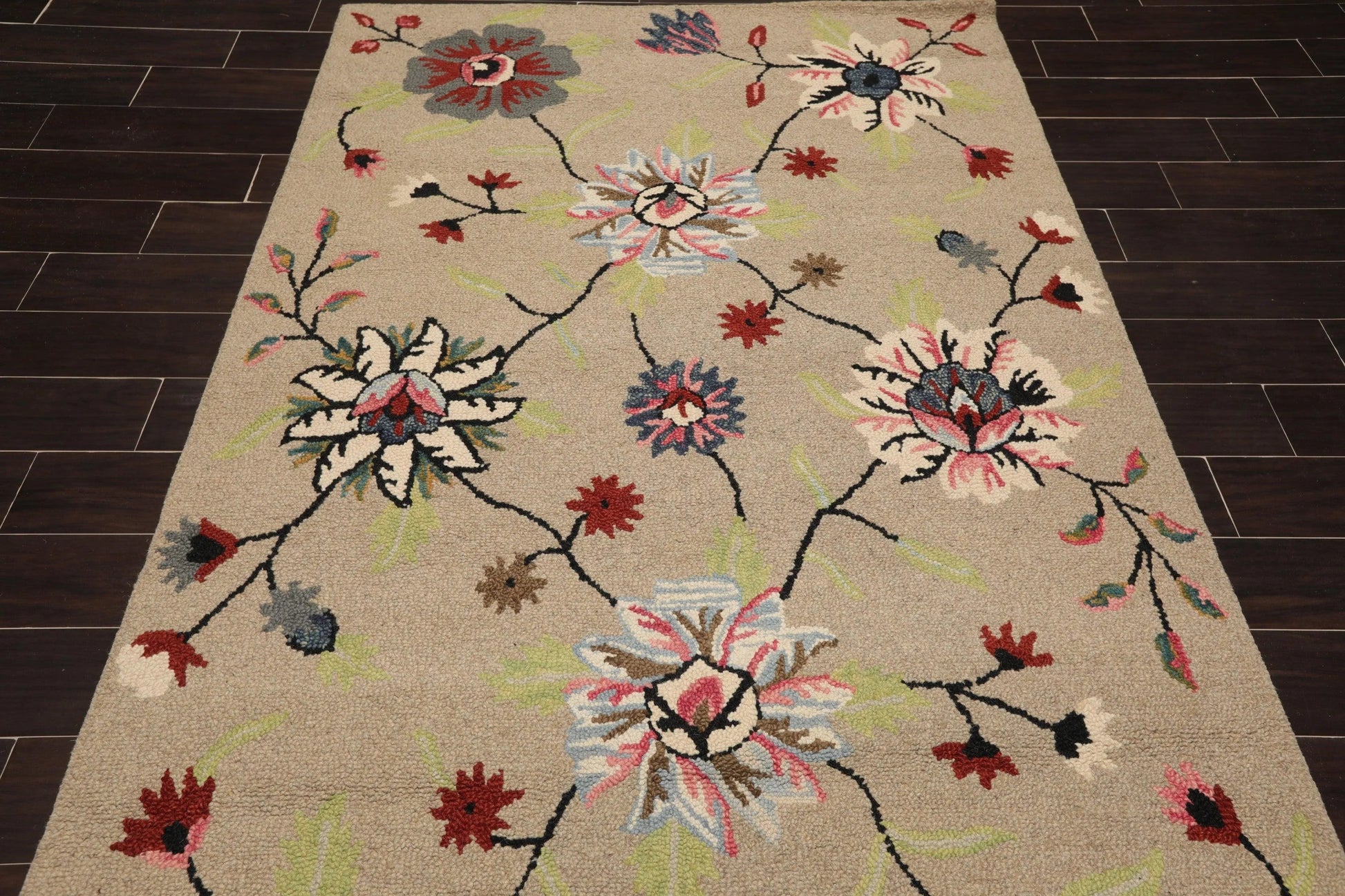 5' x 8' Handmade Wool Loop Pile Floral Traditional Oriental Area Rug Taupe-4