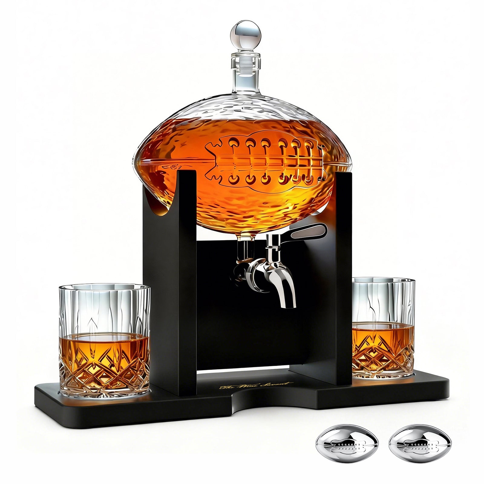 The Wine Savant Football Gifts for Men Dad - Decanter with Mahogany Holder Field Goal Holder + 4 Glasses & Footballs Chillers - Birthday Bar from Daughter Son, Retirement, Father, Him Brother-0