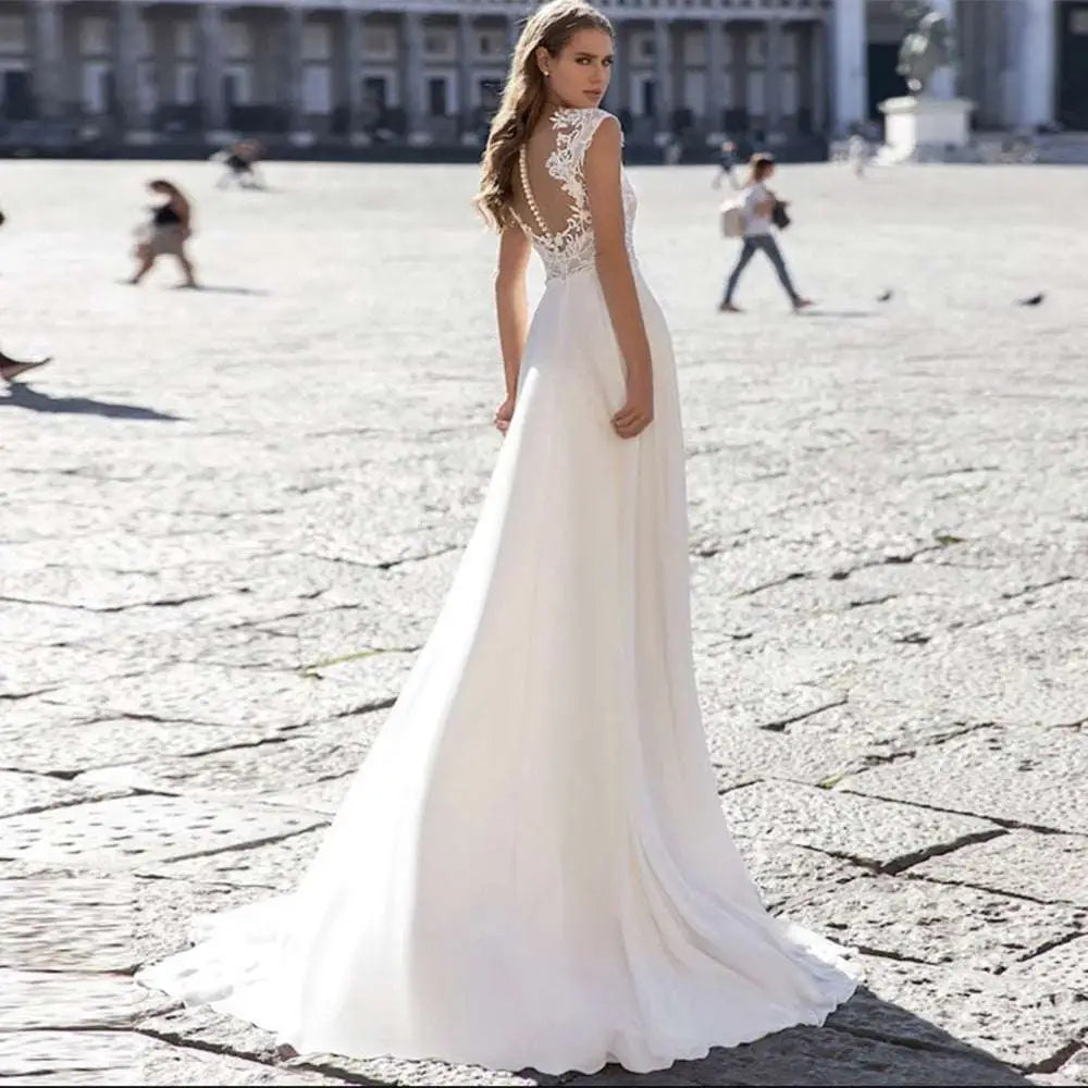 V-neck A Series Chiffon Wedding Dress with Lace Sleeves