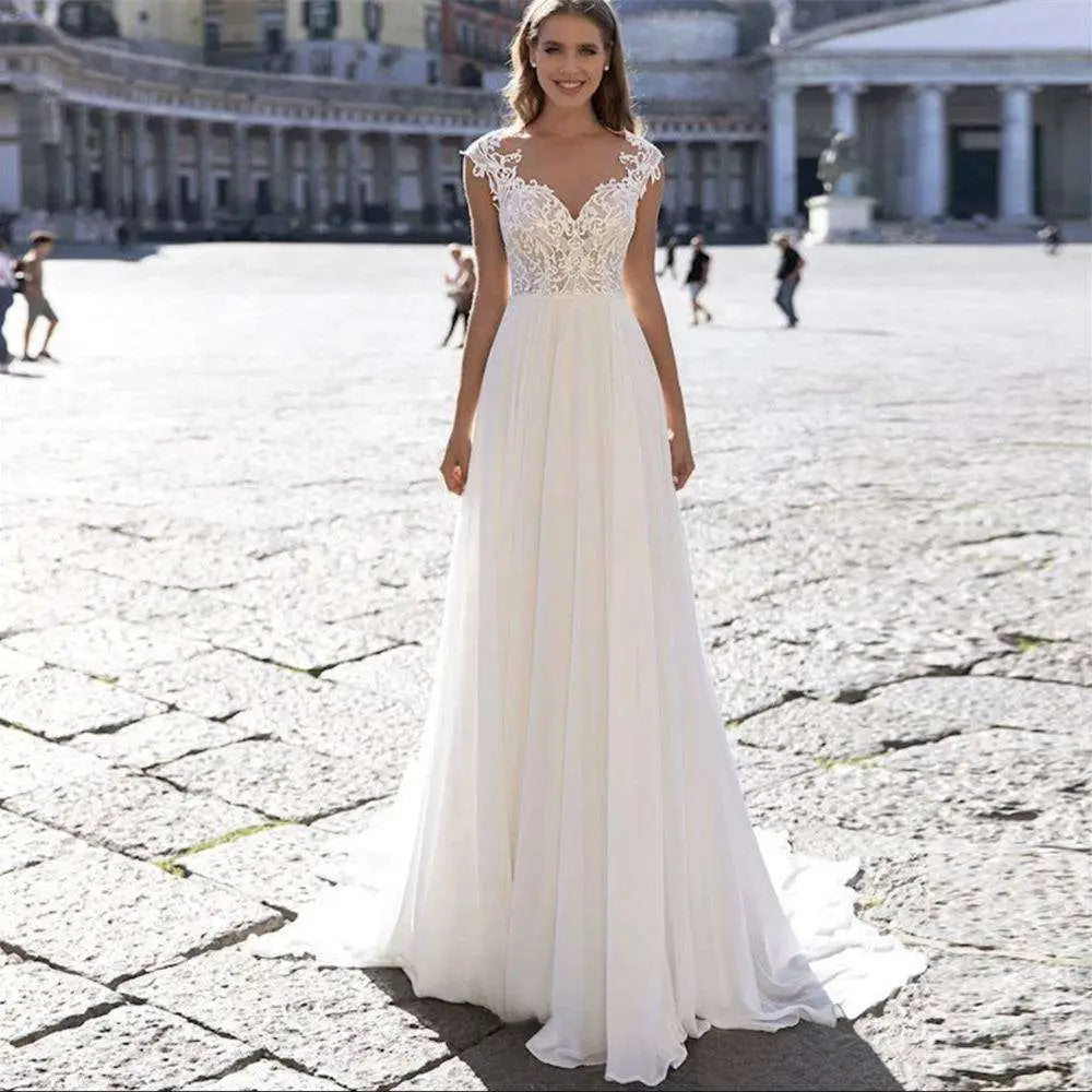 V-neck A Series Chiffon Wedding Dress with Lace Sleeves