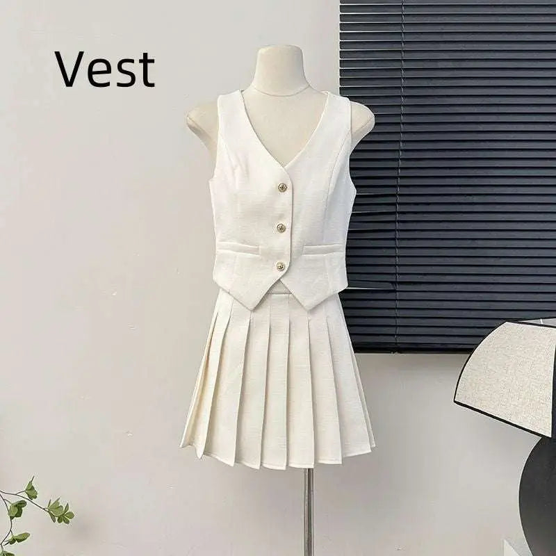 V-Neck Vest and High Waist Pleated Skirt Two-Piece Set