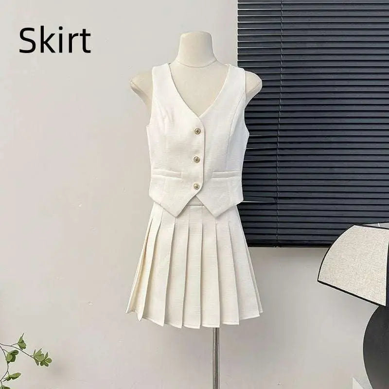 V-Neck Vest and High Waist Pleated Skirt Two-Piece Set