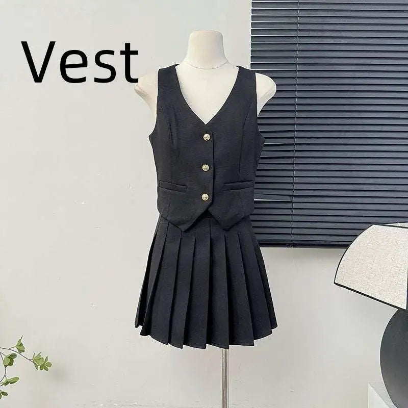 V-Neck Vest and High Waist Pleated Skirt Two-Piece Set