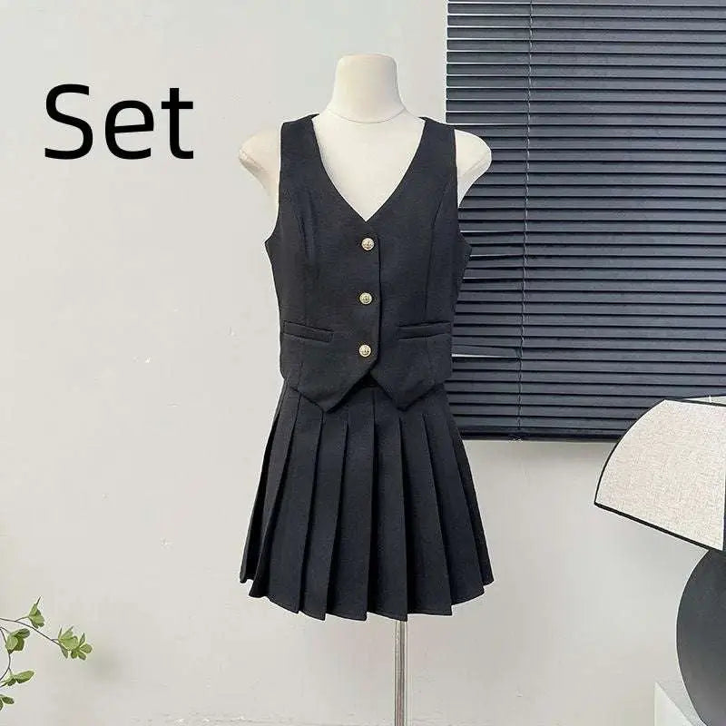 V-Neck Vest and High Waist Pleated Skirt Two-Piece Set