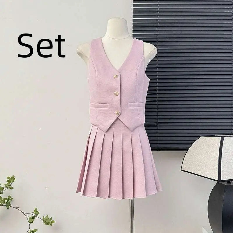 V-Neck Vest and High Waist Pleated Skirt Two-Piece Set