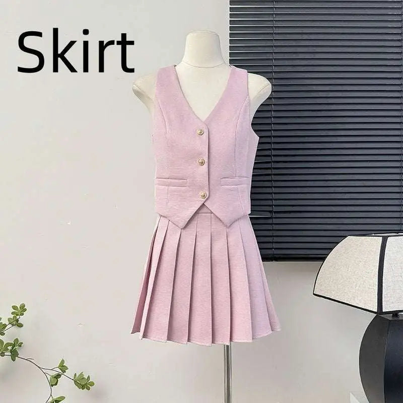 V-Neck Vest and High Waist Pleated Skirt Two-Piece Set