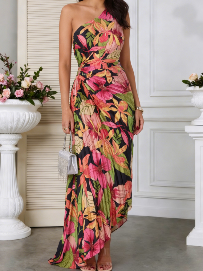 Summer Asymmetric One-Shoulder Floral Dress