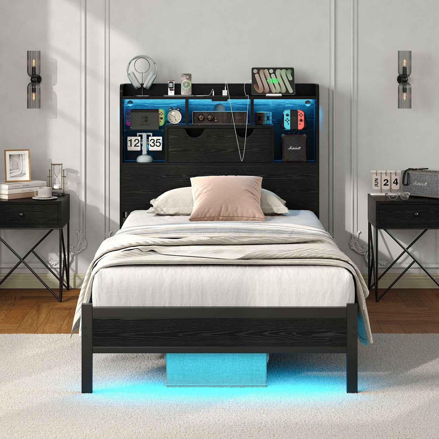 Twin LED Bed Frame with LED, USB Charging, No Box Spring Needed - Vektaya-2