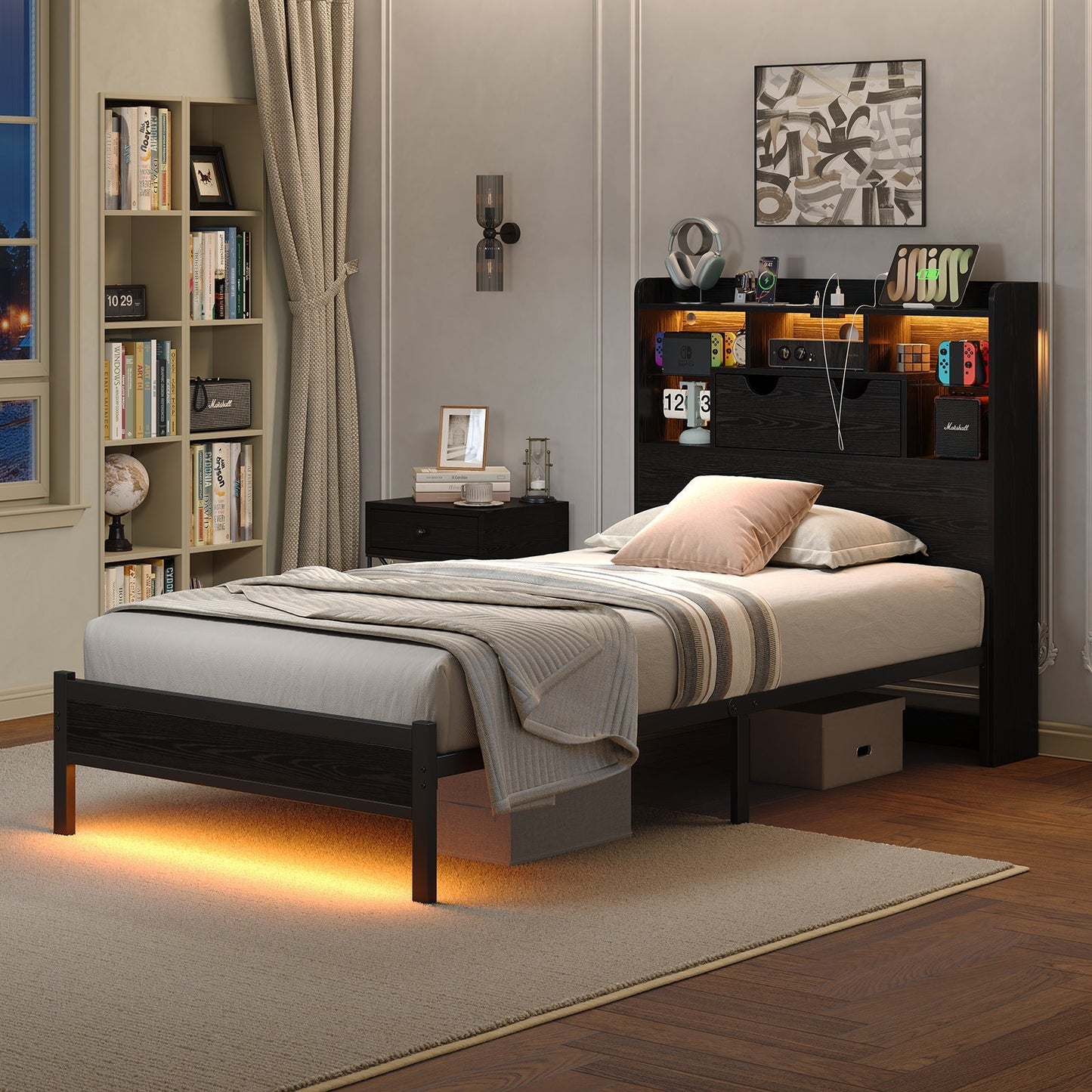 Twin LED Bed Frame with LED, USB Charging, No Box Spring Needed - Vektaya-3