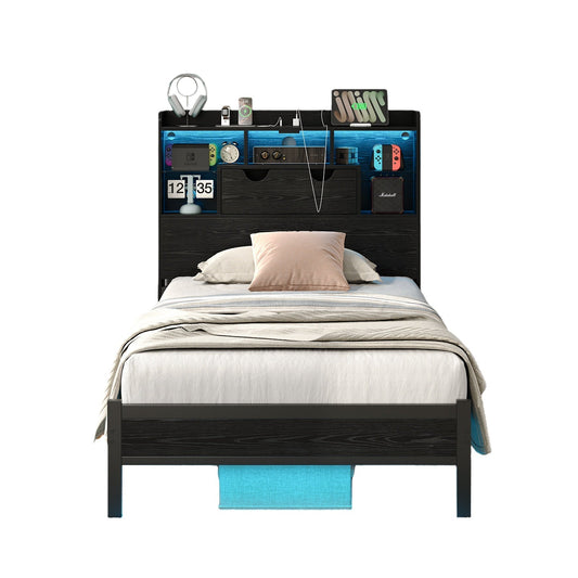 Twin LED Bed Frame with LED, USB Charging, No Box Spring Needed - Vektaya-0