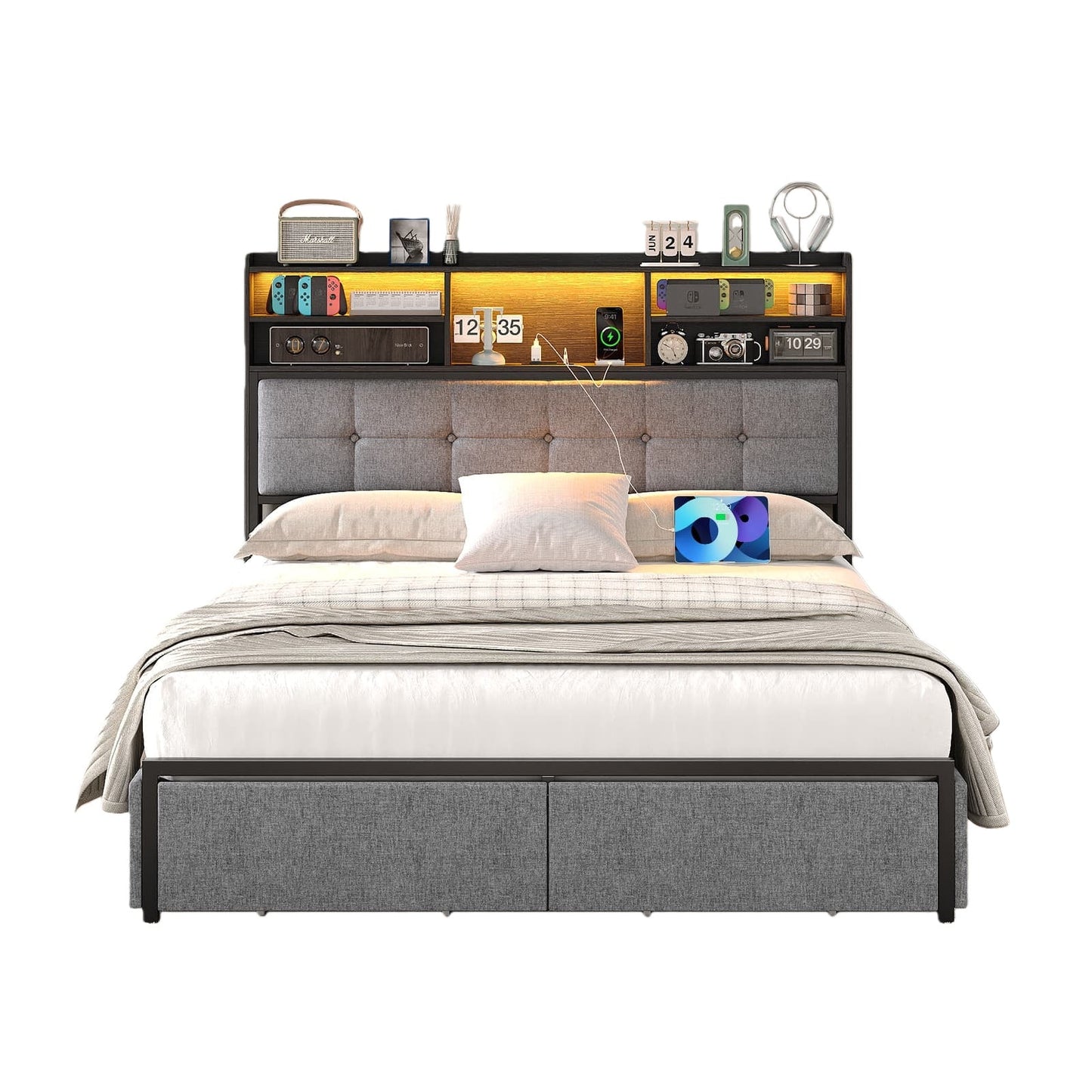 Full LED Bed Frame with LED, USB Charging, Storage Drawers, No Box Spring Needed - Vektaya-0