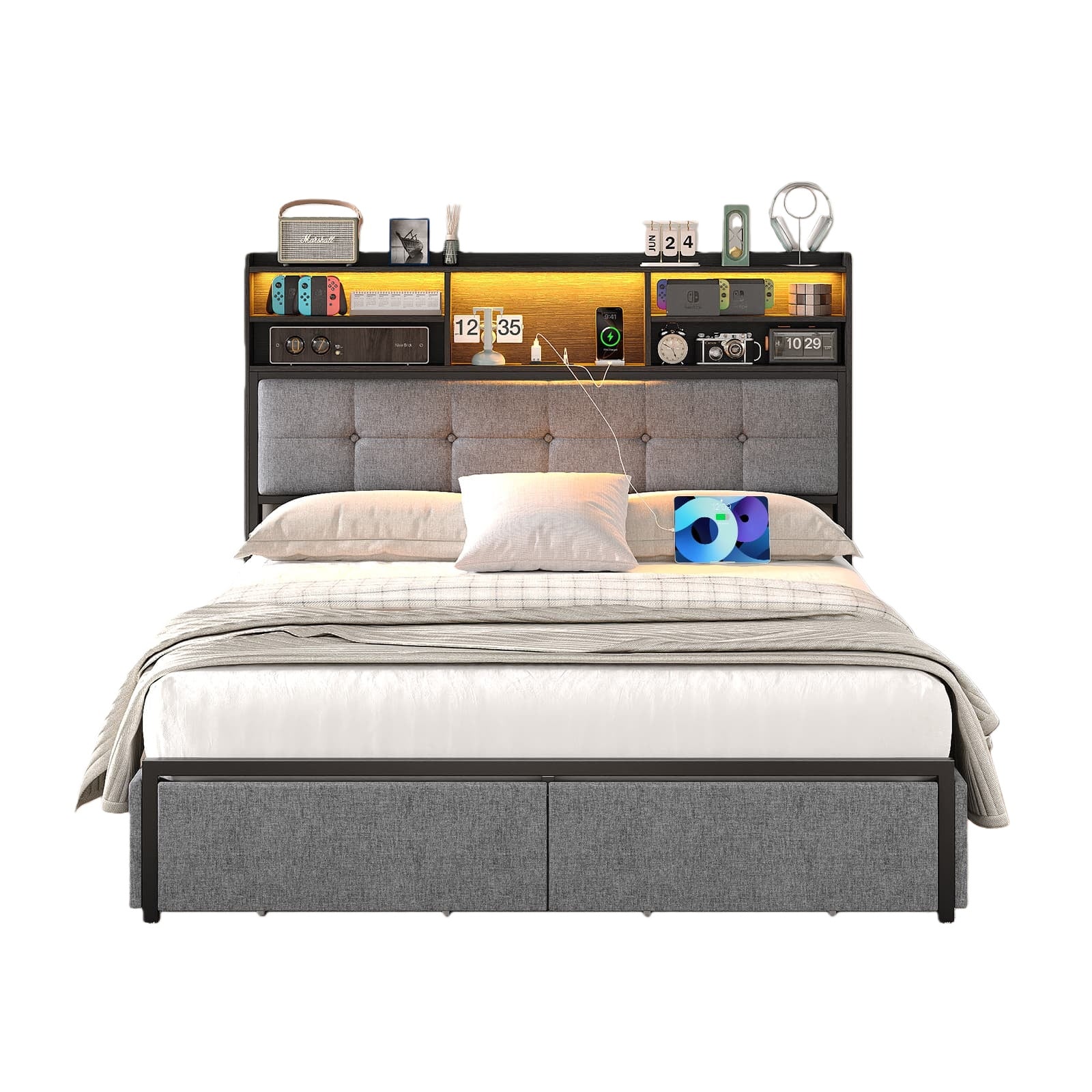 Full LED Bed Frame with LED, USB Charging, Storage Drawers, No Box Spring Needed - Vektaya-0
